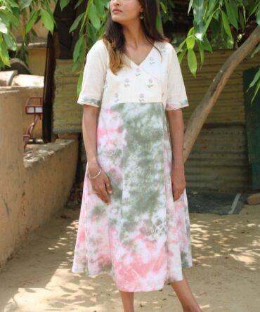 Tie-Dye Off-White  Dress with Hand Embroidery